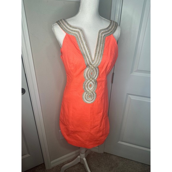 Lilly Pulitzer Dresses & Skirts - Lilly Pulitzer Coral Orange Textured Midi Dress with Beaded Neckline